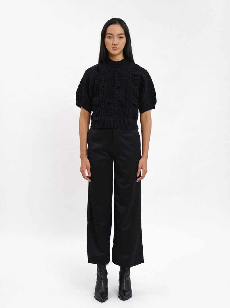 Black Puff Sleeve Knitted Top