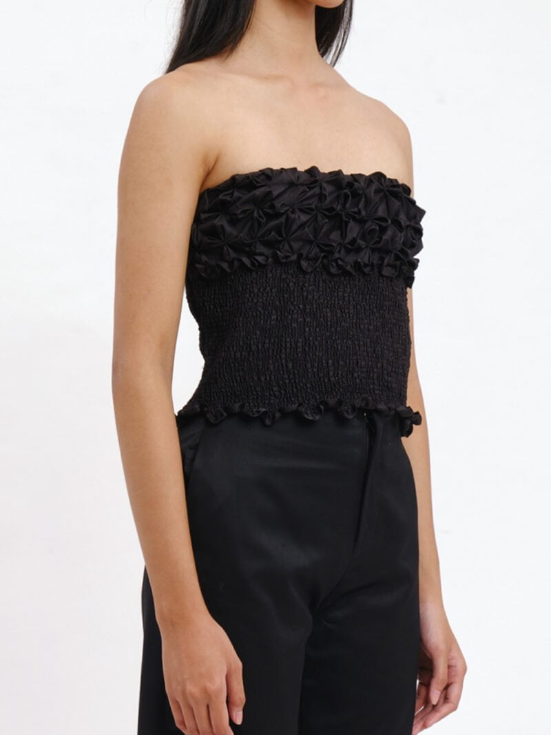 Black 3D Flower Shirred Top