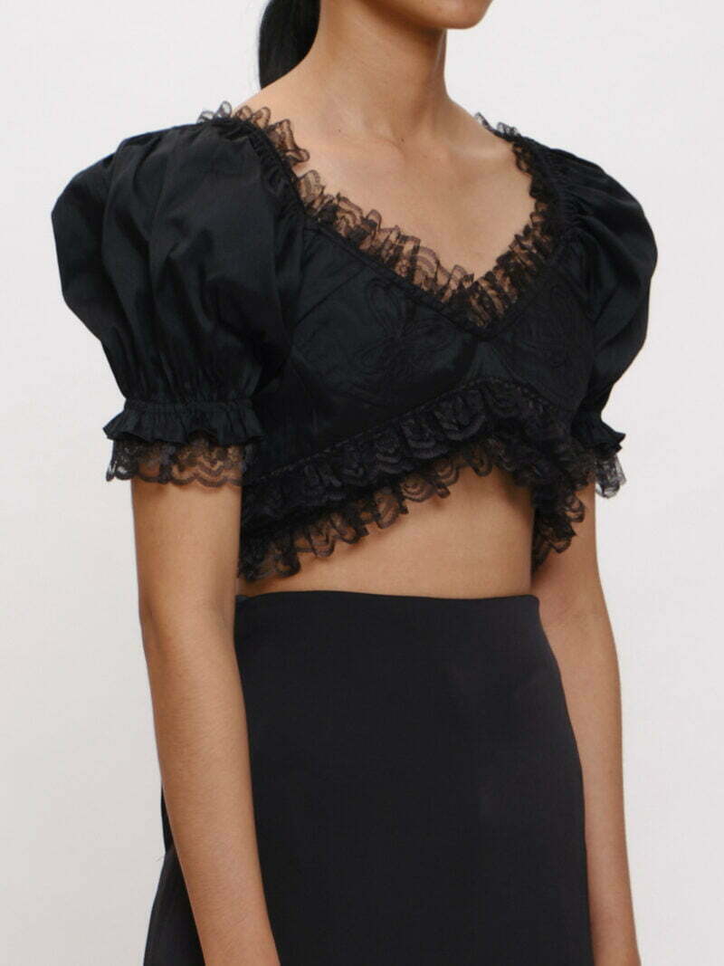 Black Lace-trim Logo Embroidered Cropped Top