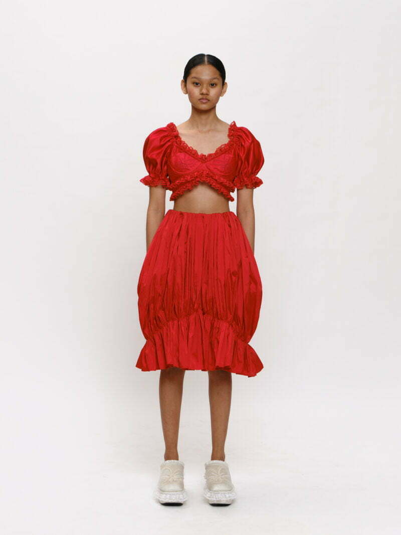 Red Lace-trim Logo Embroidered Cropped Top