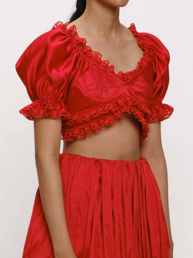 Red Lace-trim Logo Embroidered Cropped Top