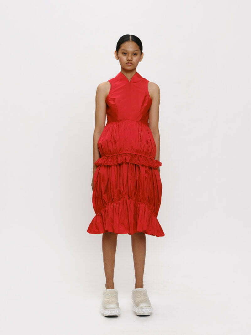 Red Sleeveless Lace-trim Mandarin Collar Top