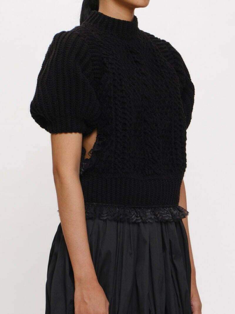 Two-way Black Lace-trim Cut-out Knit Top