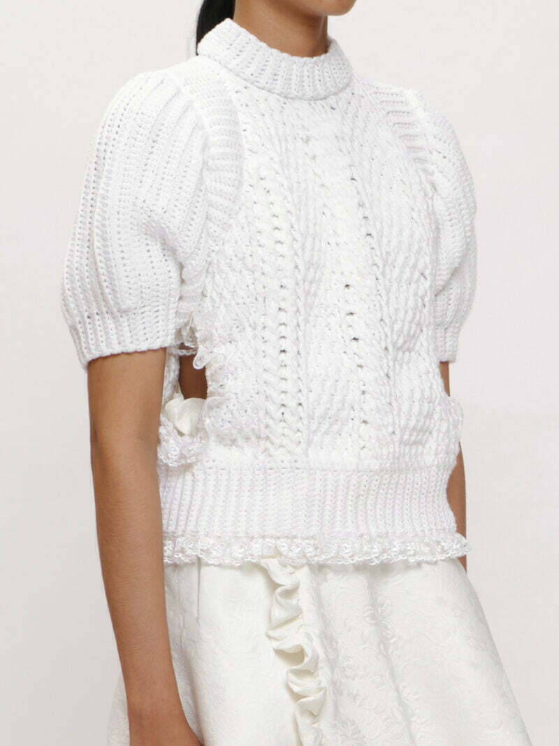 Two-way White Lace-trim Cut-out Knit Top