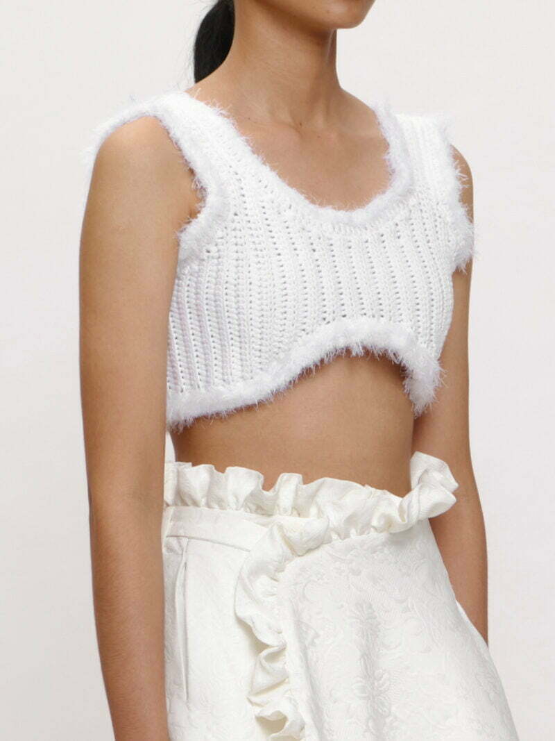 White Fur-trim Knit Top