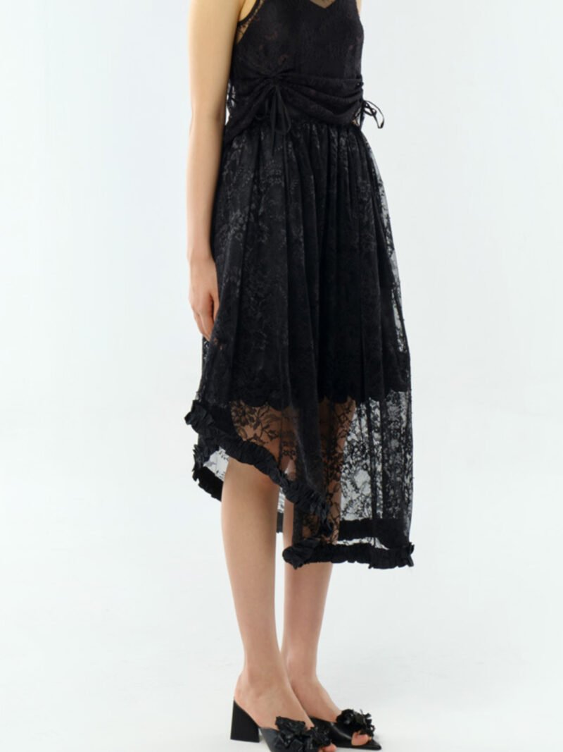 Asymmetrical Gathered Lace Skirt with Ruffled Hem Black