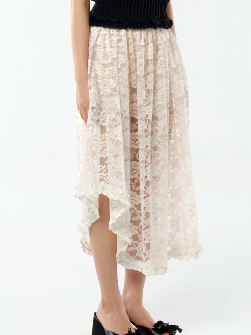 Asymmetrical Gathered Lace Skirt with Ruffled Hem White