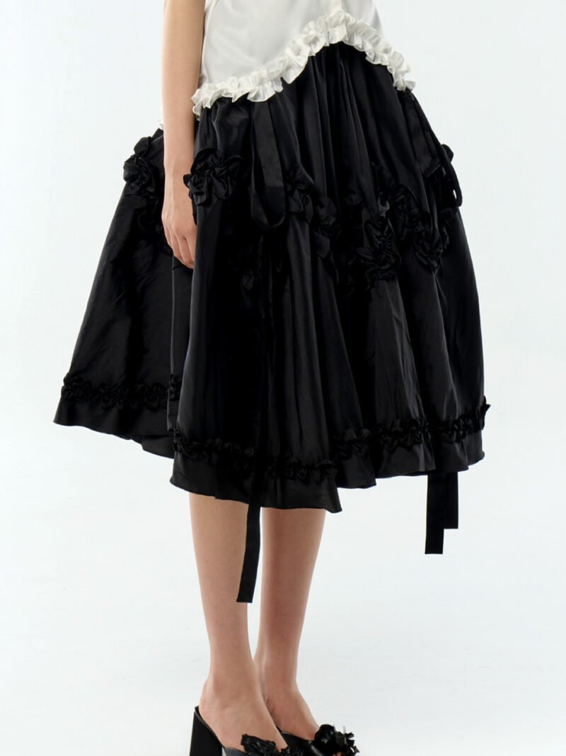 Gathered Skirt with Scalloped Ruffles Black