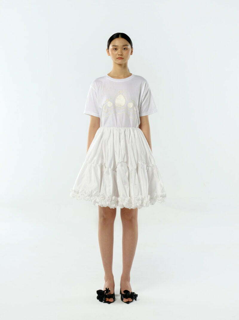 Hand-Smocked Gathered Skirt with Ruffled Hem White