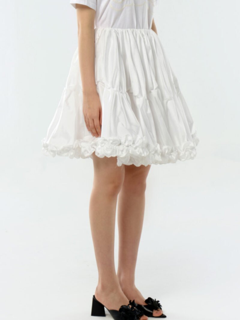 Hand-Smocked Gathered Skirt with Ruffled Hem White