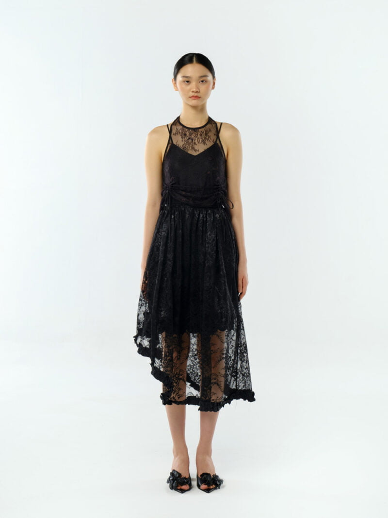 Asymmetrical Gathered Lace Skirt with Ruffled Hem Black