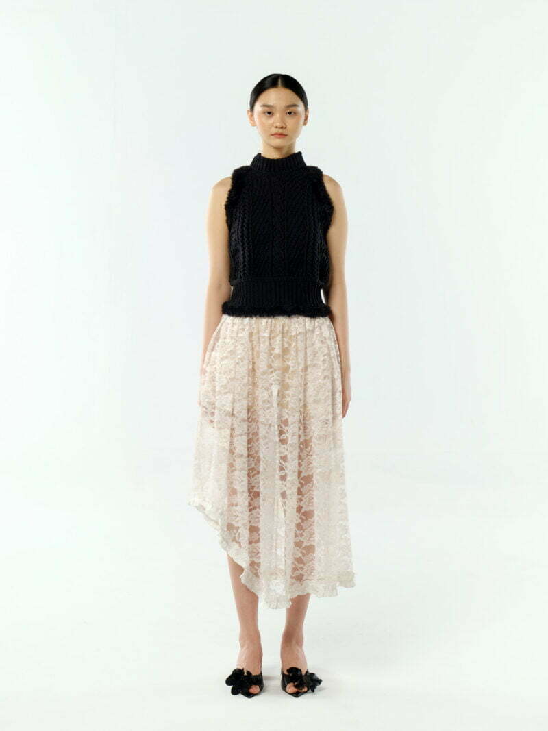 Asymmetrical Gathered Lace Skirt with Ruffled Hem White