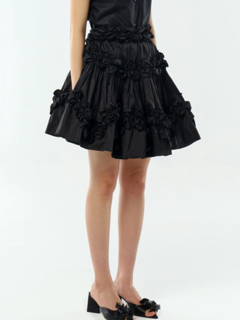 Three-tiered Skirt with Scalloped Ruffles Black