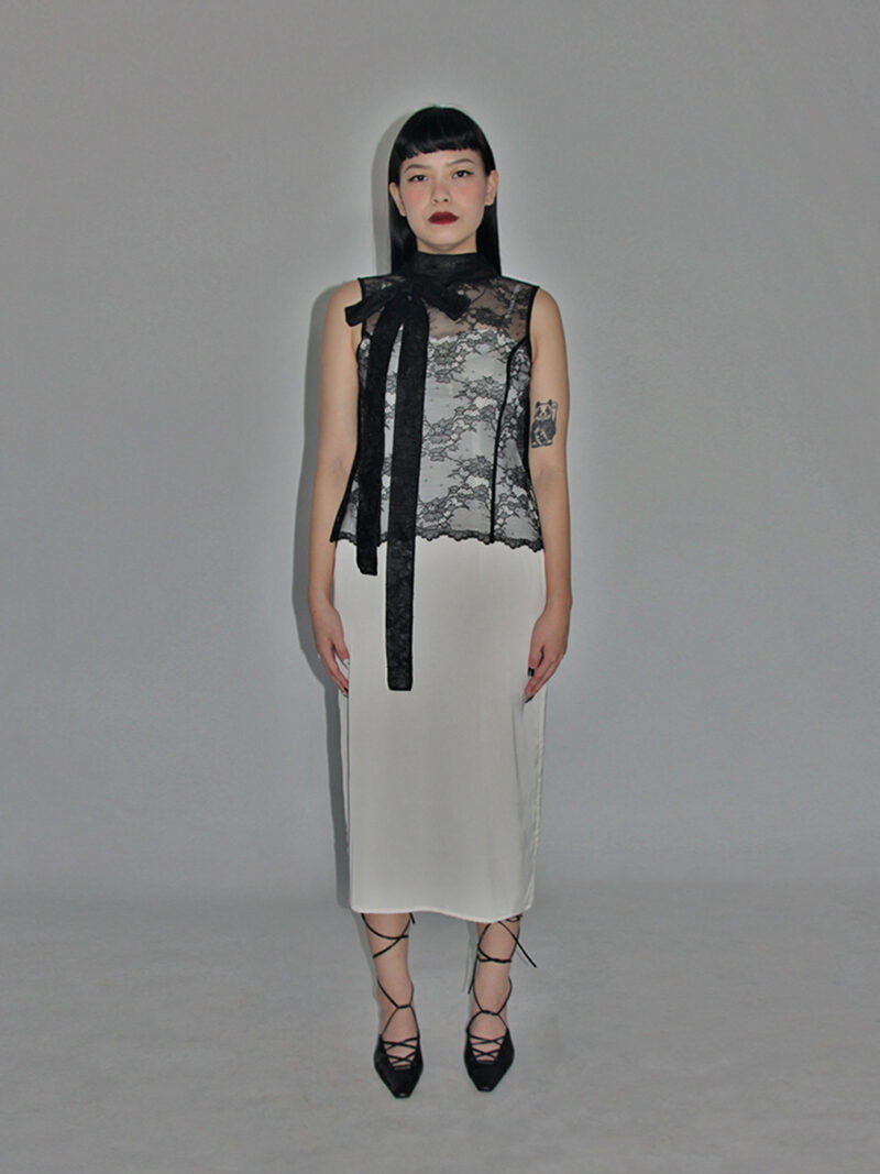 Lace Tulle Top with Scarf Collar Black