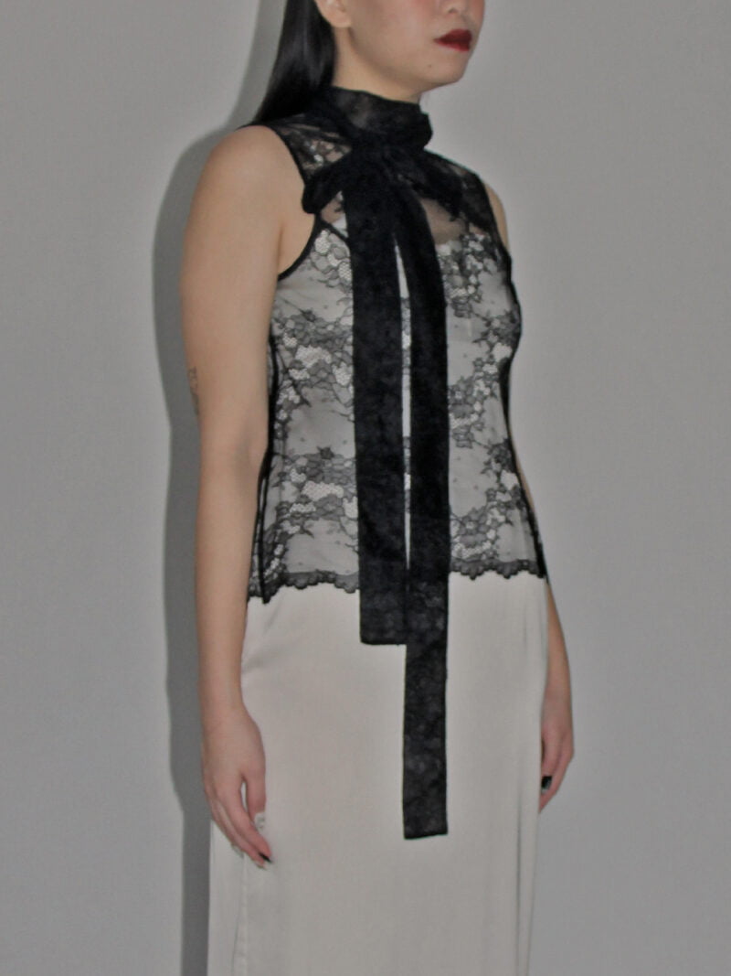 Lace Tulle Top with Scarf Collar Black