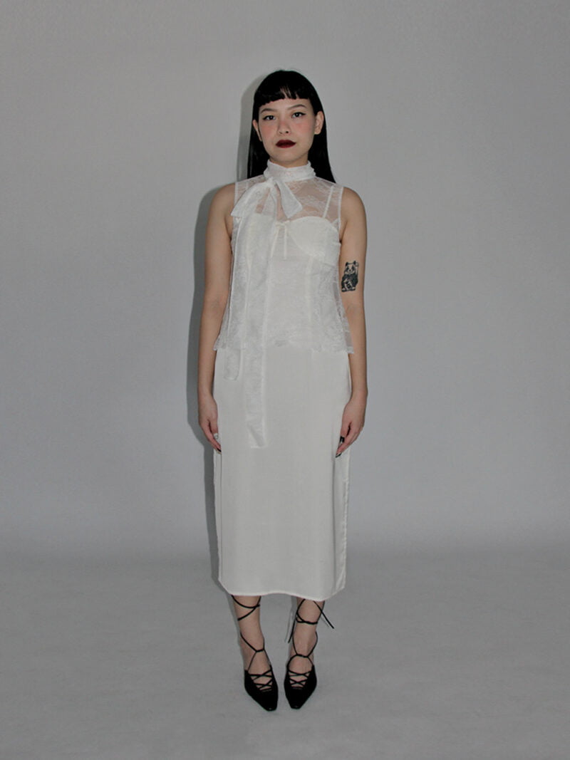 Lace Tulle Top with Scarf Collar White