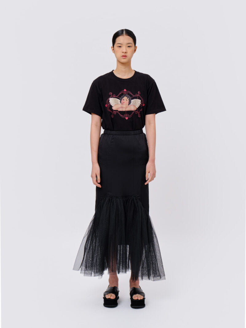 Straight Skirt with front-flared tulle Black