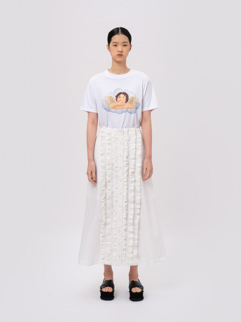 A-line Buttoned Ruffled Skirt White