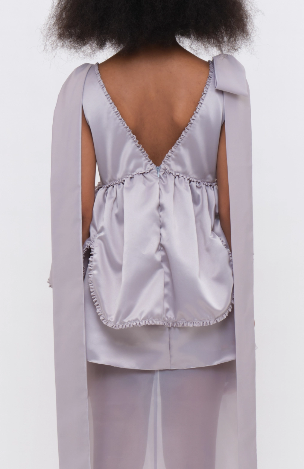 Embellished Flared Ruffled Sleeveless Top with Drawstrings Light Grey - Image 3