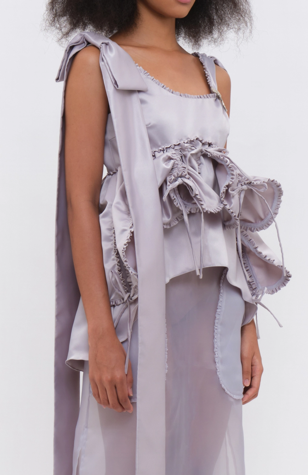 Embellished Flared Ruffled Sleeveless Top with Drawstrings Light Grey - Image 2