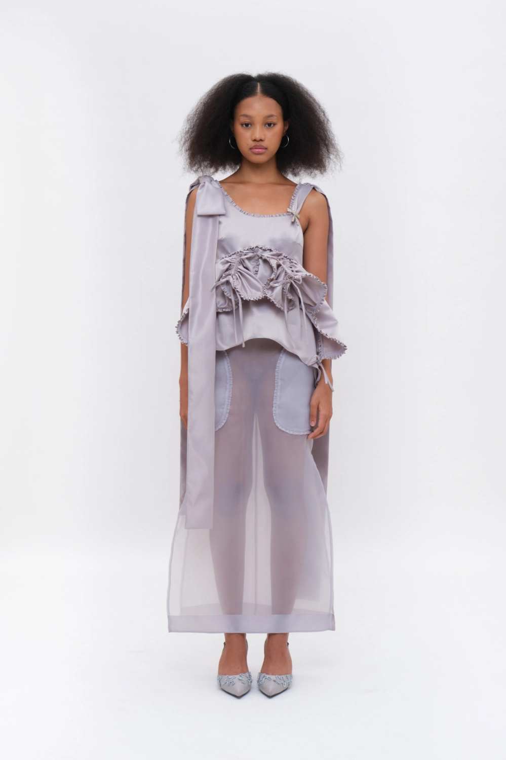 Embellished Flared Ruffled Sleeveless Top with Drawstrings Light Grey