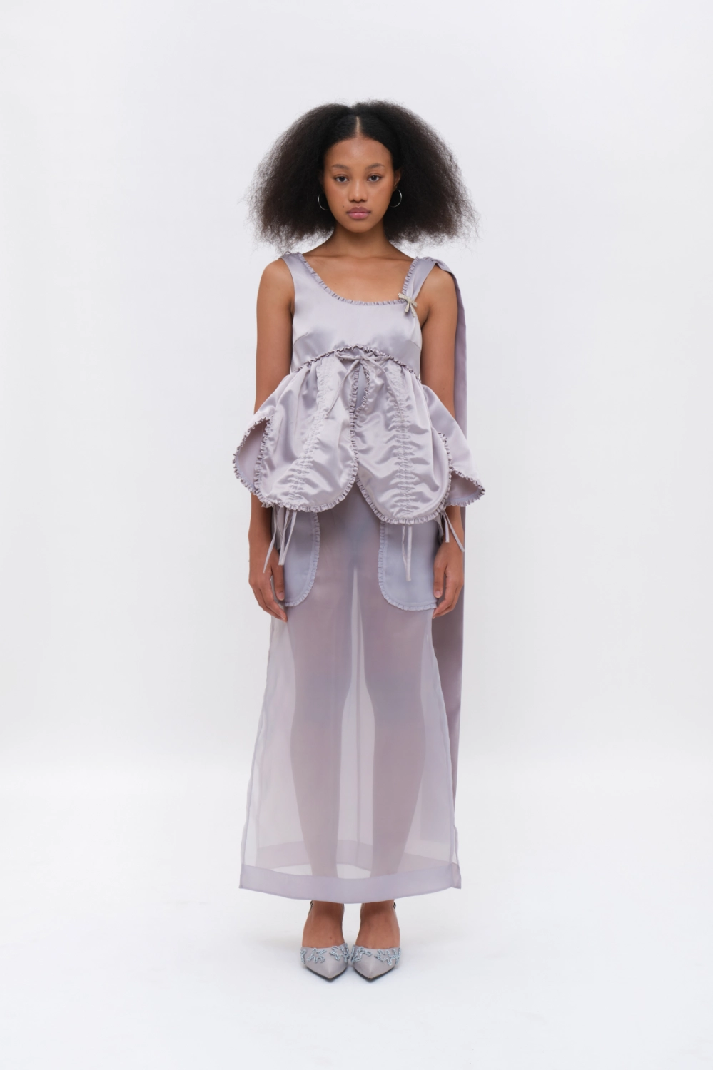Embellished Flared Ruffled Sleeveless Top with Drawstrings Light Grey - Image 4