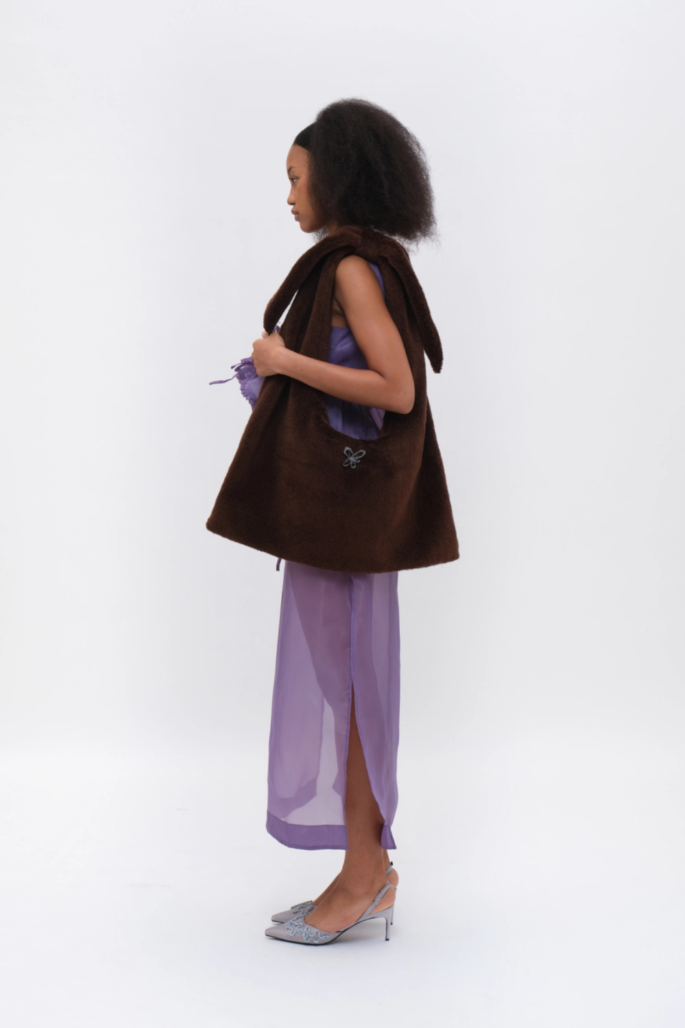 Logo Embellished Large Bow Knot Faux-fur Shoulder Bag Dark Brown
