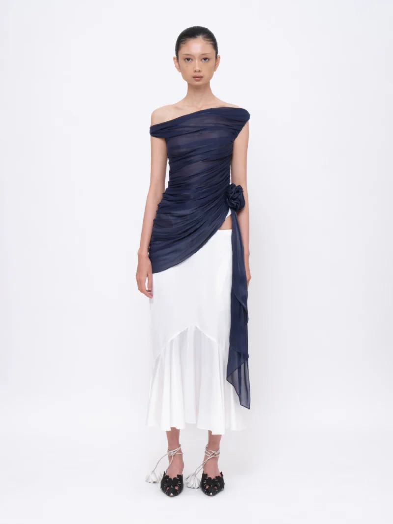 Asymmetrical Floral Appliqué Draped Top Navy