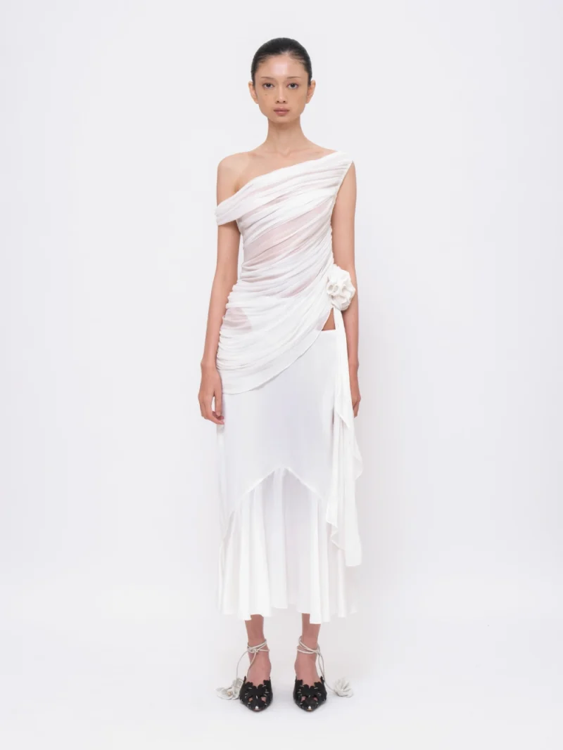 Asymmetrical Floral Appliqué Draped Top White