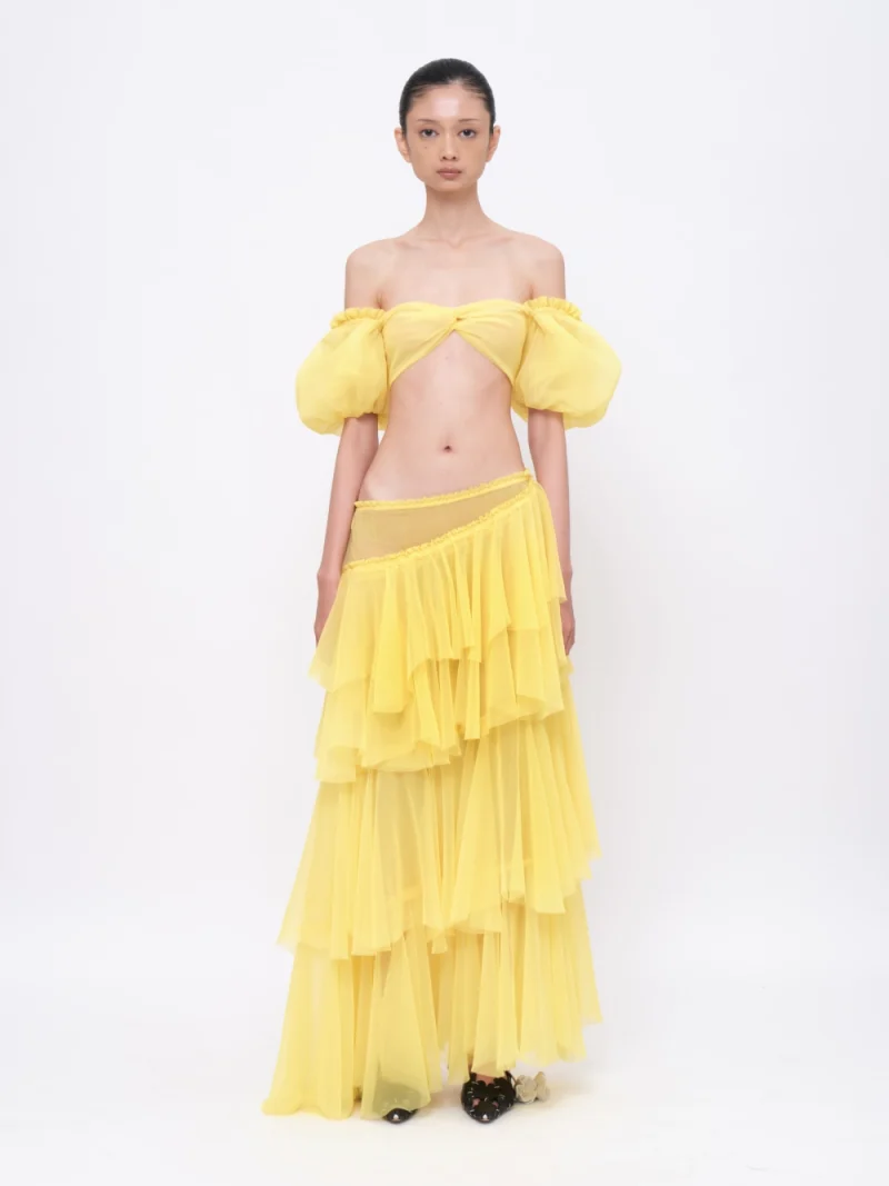 Low-waisted Tiered Ruffled Maxi Skirt Light-yellow