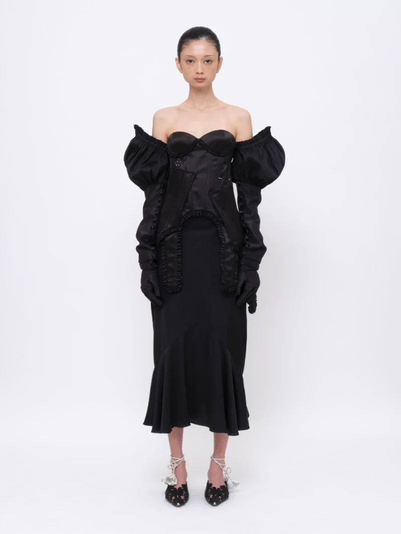 Pierced Laced-up Corset Top with Detachable Puff-sleeves Black