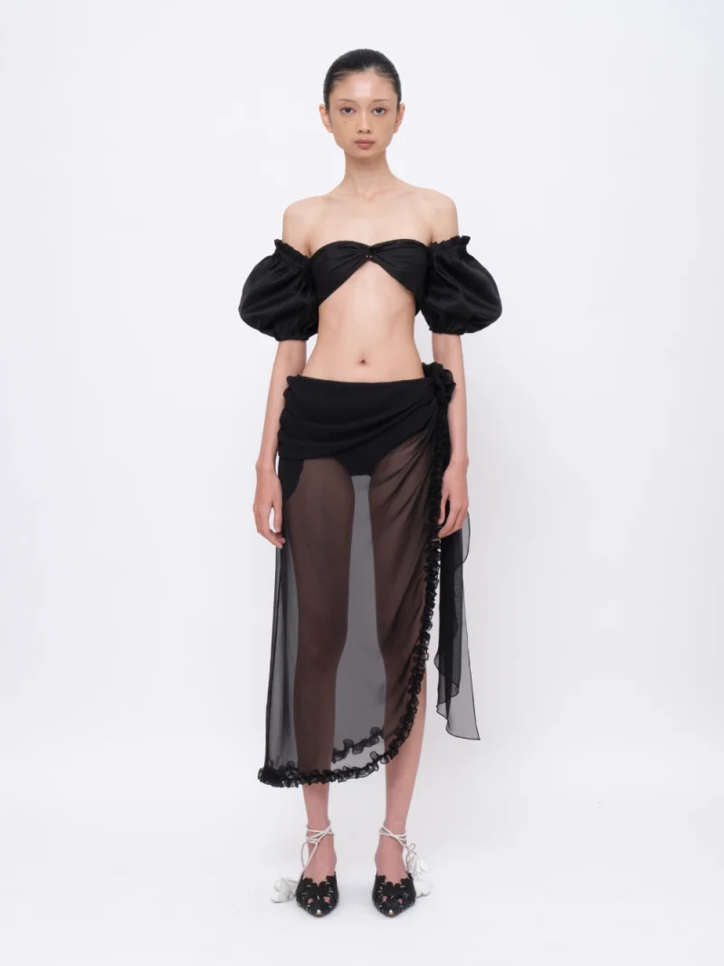 Pierced Puff-sleeves Bandeau Black