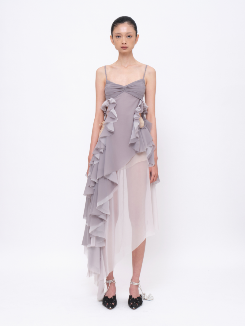 Sheer Asymmetrical Layered Ruffle Dress Grey/Light-grey
