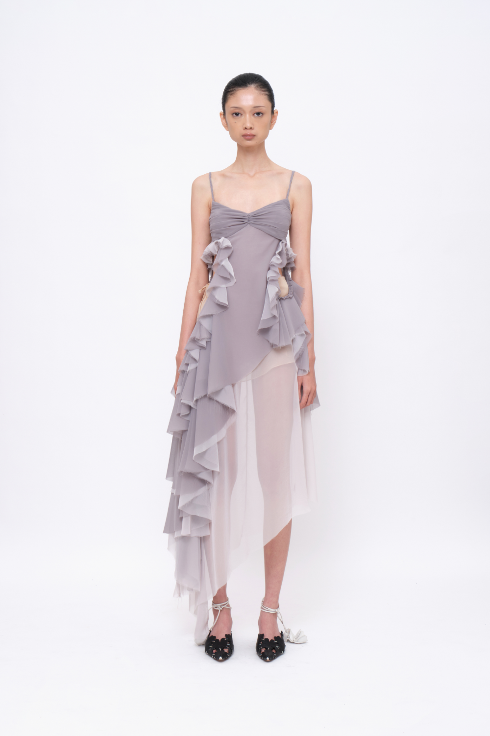Sheer Asymmetrical Layered Ruffle Dress Grey/Light-grey
