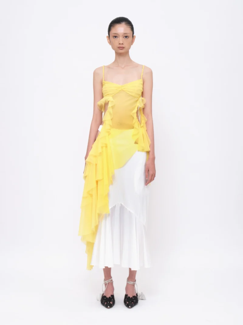 Sheer Asymmetrical Layered Ruffle Top Light-yellow