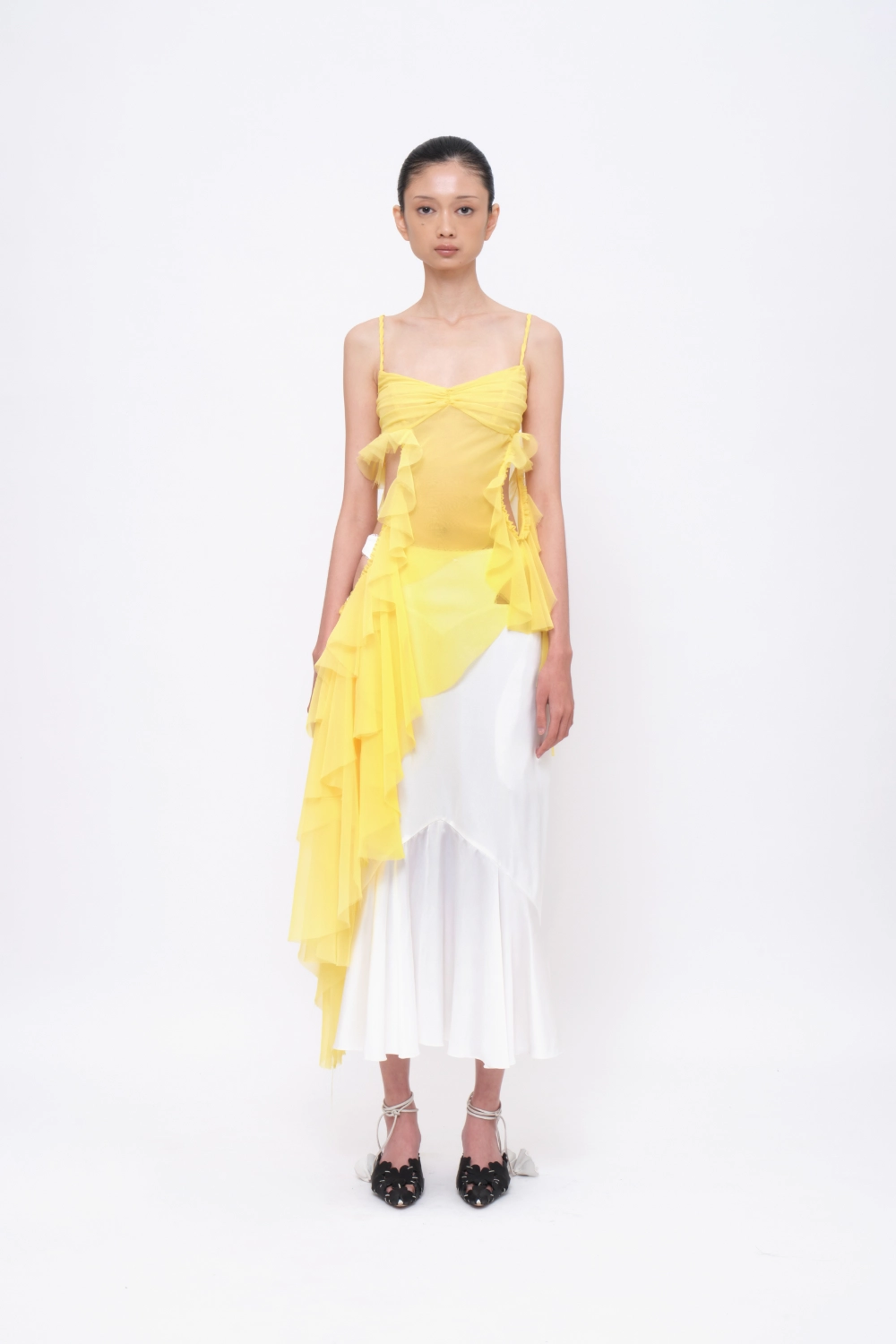 Sheer Asymmetrical Layered Ruffle Top Light-yellow