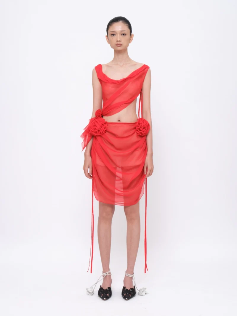 Sheer Asymmetrical Ruched Draped Top Red