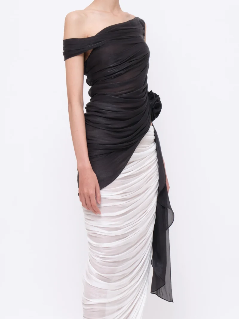 Asymmetrical Floral Appliqué Draped Top Black