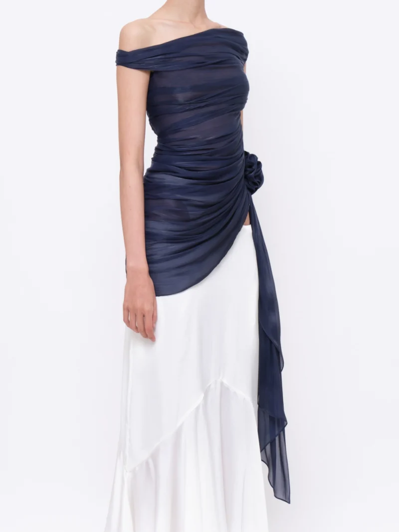 Asymmetrical Floral Appliqué Draped Top Navy