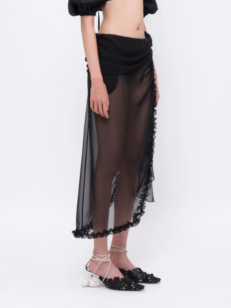 Asymmetrical Ruffled Floral Appliqué Draped Skirt Black