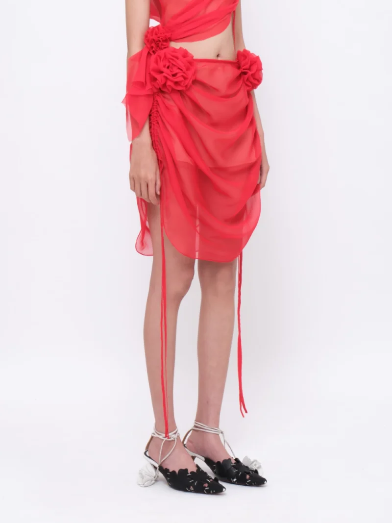 Floral Appliqué Drawstring Skirt Red