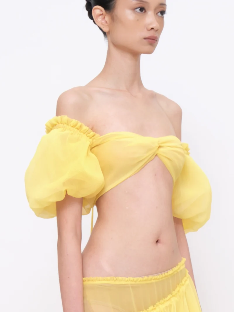Puff-sleeves Bandeau Light-yellow
