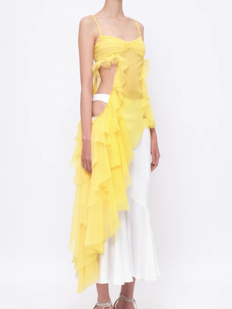 Sheer Asymmetrical Layered Ruffle Top Light-yellow