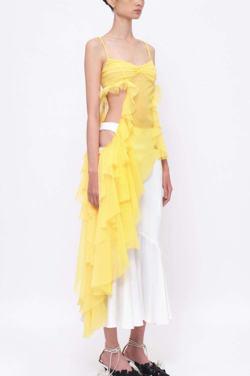 Sheer Asymmetrical Layered Ruffle Top Light-yellow - Image 2
